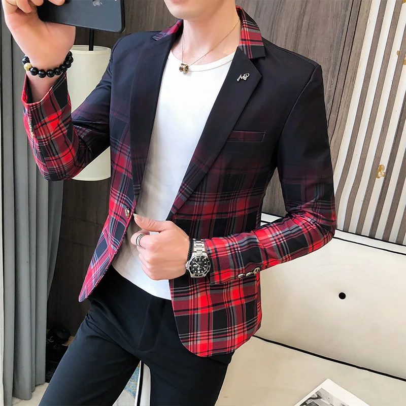 

Autumn 2023 Fashion Contrast Color Plaid Suit Stitching Small Suit Men's Casual All-match Handsome Personalized Small Suit