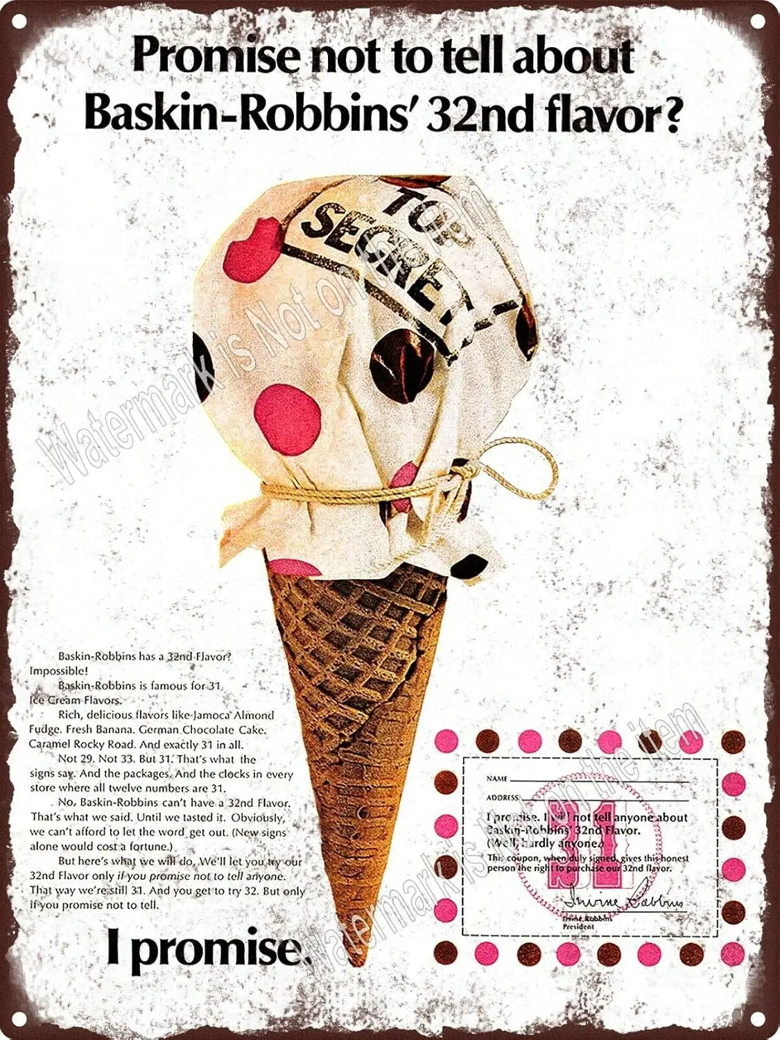 1970 Baskin Robbins Мороженое 32-й вкус Человек Пещера Металлическая вывеска Ретро Стена