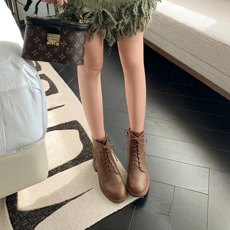 NEW Fall Shoes Women Split Leather Boots Round Toe Chunky Heel Women Boots Winter Solid Lace-up Ankle Boots Western Boots Women