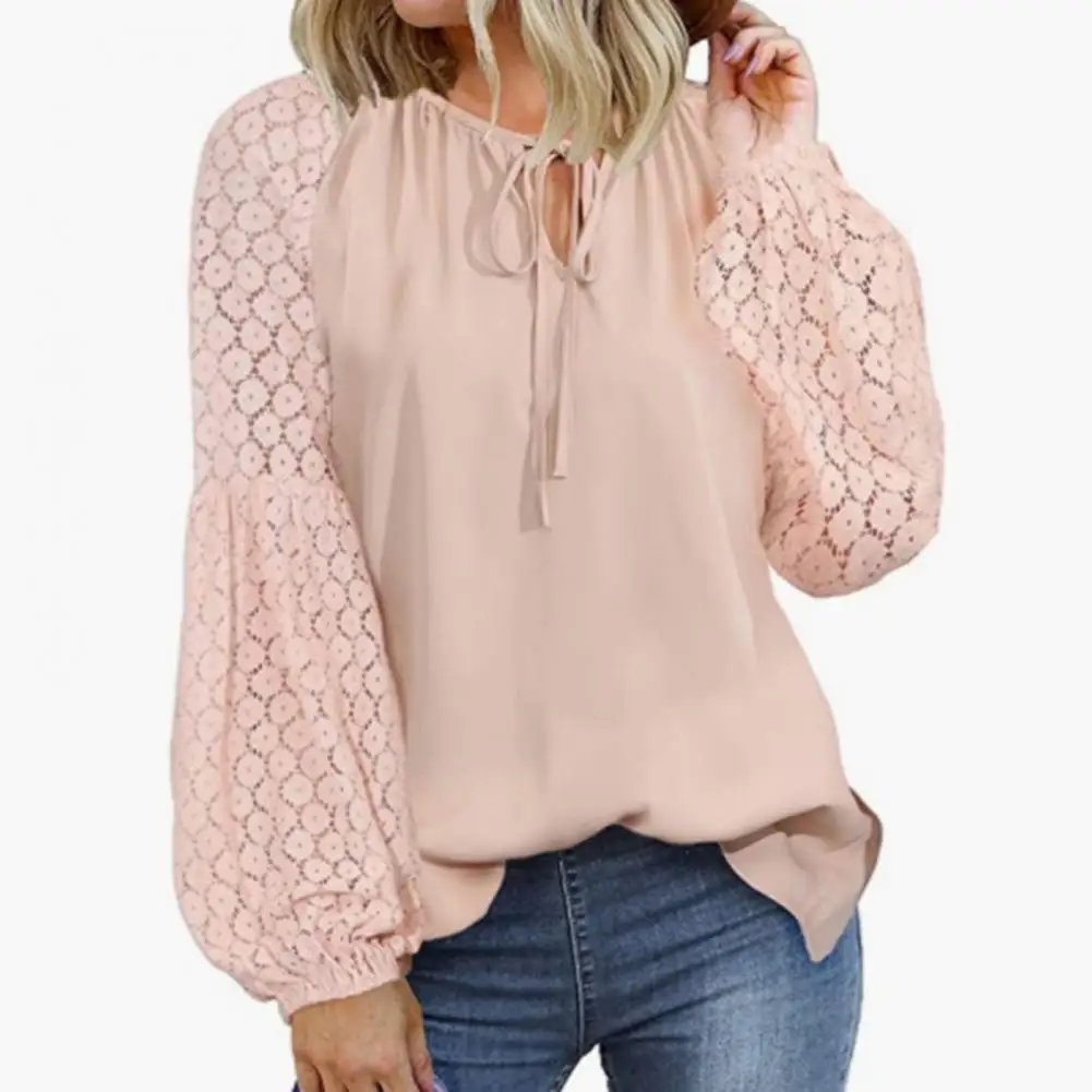 

Легкая шикарная кружевная ажурная блузка, стильная женская рубашка на весну/осень с рукавами-фонариками, однотонная Лоскутная рубашка