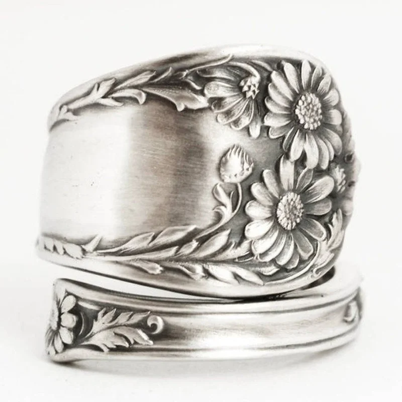 

Bohemian Hot Vintage Wind Sunflower Flower Flower Ring Antique Silver Plated Engagement Bride Anniversary Jewelry Accessories