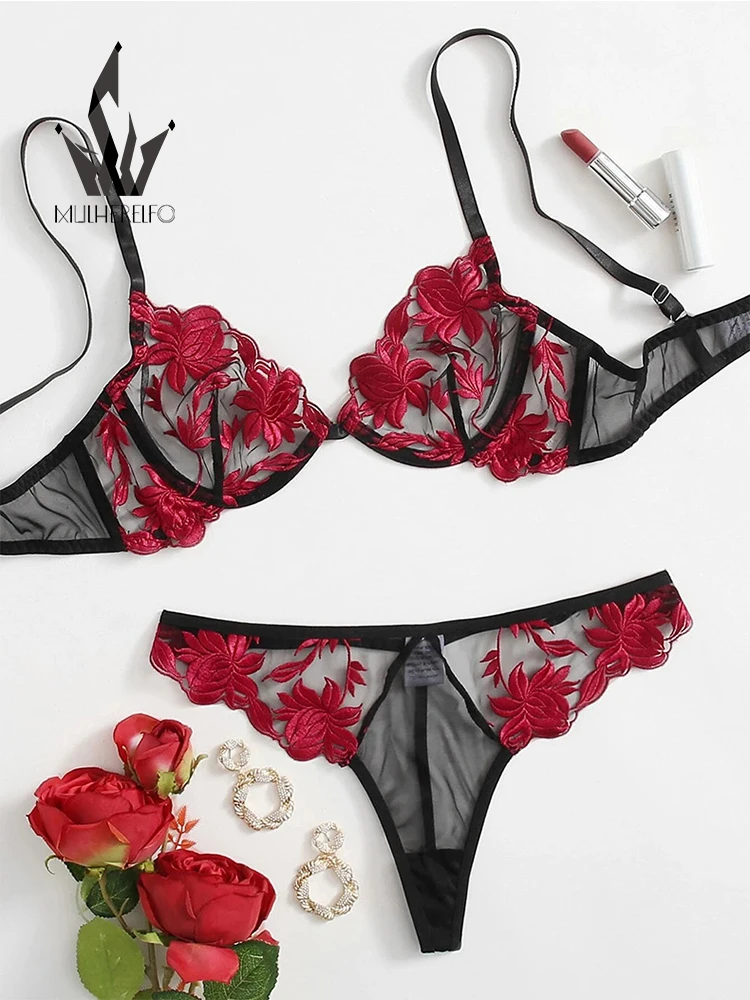 Mulherelfo Sensual Floral Lingerie Sets Women Underwear Sexy Embroidery Transparent Bra and Brief Set Exotic Bralette Outfits