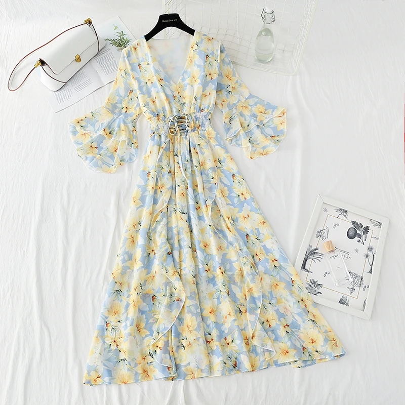 

Women Sweet Floral Print Short Sleeve Midi Dress 2022 Summer Vintage V-neck Lace Up Chiffon Vestidos Female Casual A-line Dress