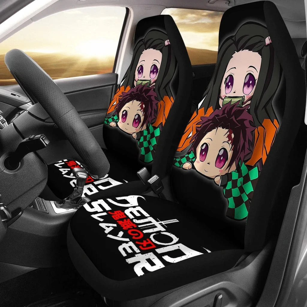 

Чехлы на сиденья автомобиля Tanjiro And Nezuko Chibi рассекающий демонов черные, комплект из 2 универсальных защитных чехлов на передние сиденья