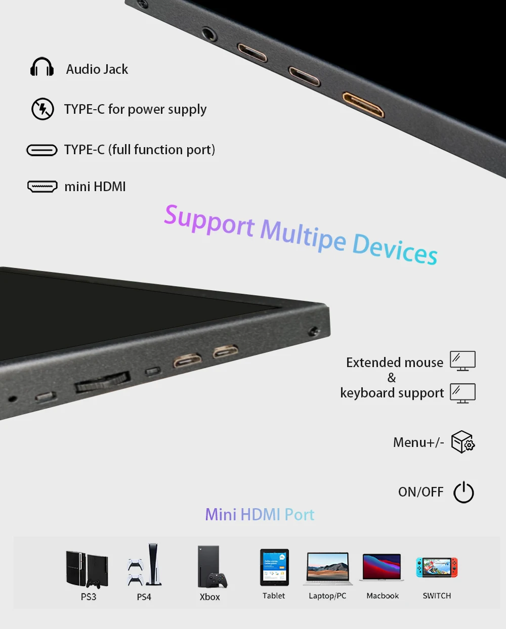 Портативный монитор LESOWN 2K 8 9-дюймовый USB-C HDMI 1920x1200 IPS ЖК-дисплей с сенсорным