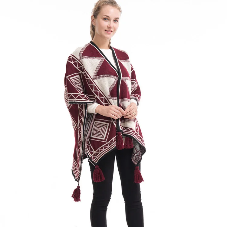 Spring Autumn Geometric Pattern Tassel Cape Knitted Cardigan  Fashion Street Poncho Lady Capes Red Cloaks