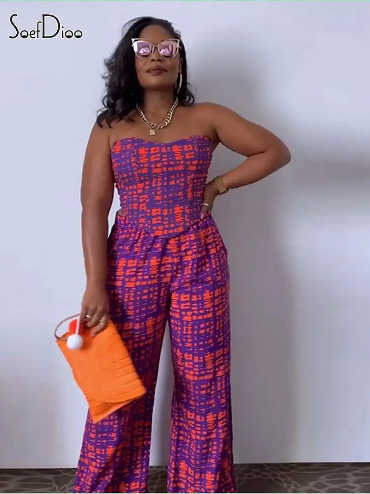 

Soefdioo Fashion Print Women's Set Zipper Back Strapless Crop Top and Wide Leg Pant 2023 Casual Two Piece Sets Outfits Tracksuit