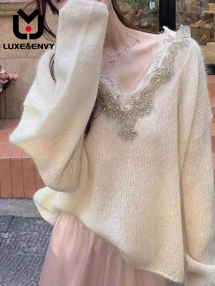 

LUXE&ENVY Niche Studded V-neck Sweater For Women New Long Sleeved Temperament Soft And Glutinous Knit 2023 Autumn