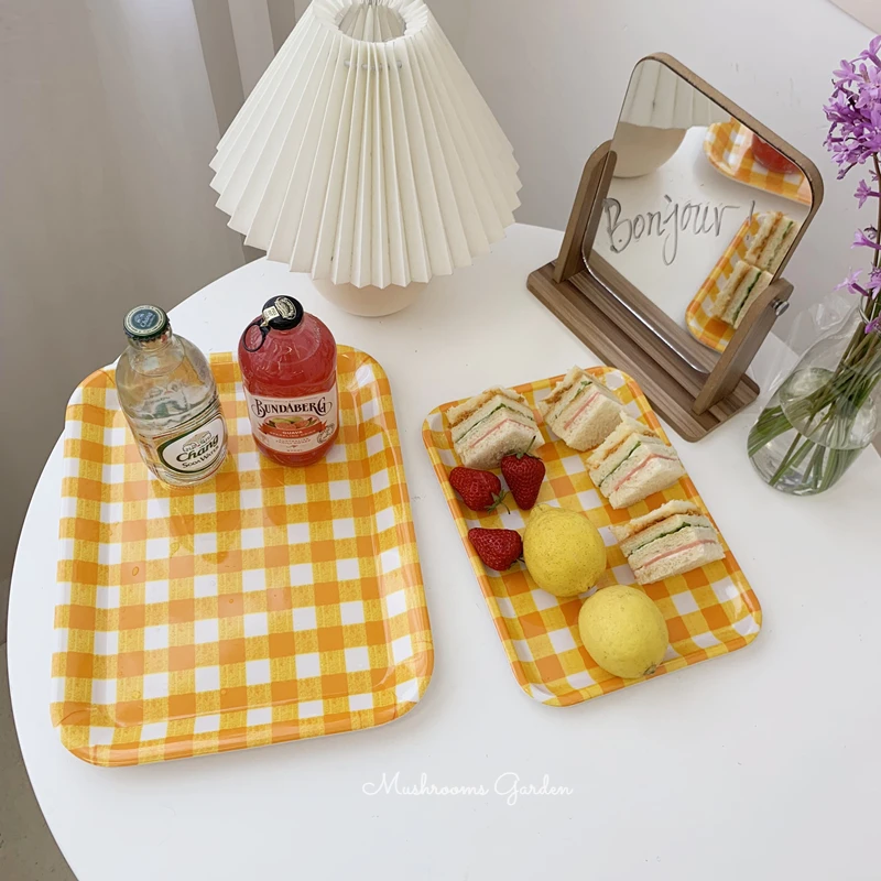 

*Mushrooms Garden*Korean Style Laminated Yellow Lattice Tableware Rectangular Plate Cute Plastic Tray Bread Tray Storage Plate
