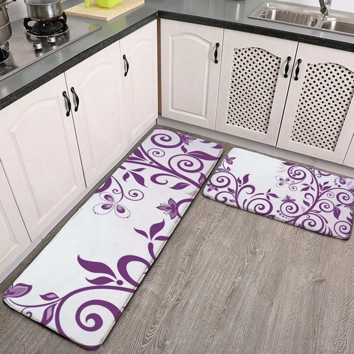 

Kitchen Mat 2 PCS Cushioned Anti-Fatigue Kitchen Rug Elegant Purple Violet Vintage Floral Flowers Waterproof Non-Slip Kitchen Ma