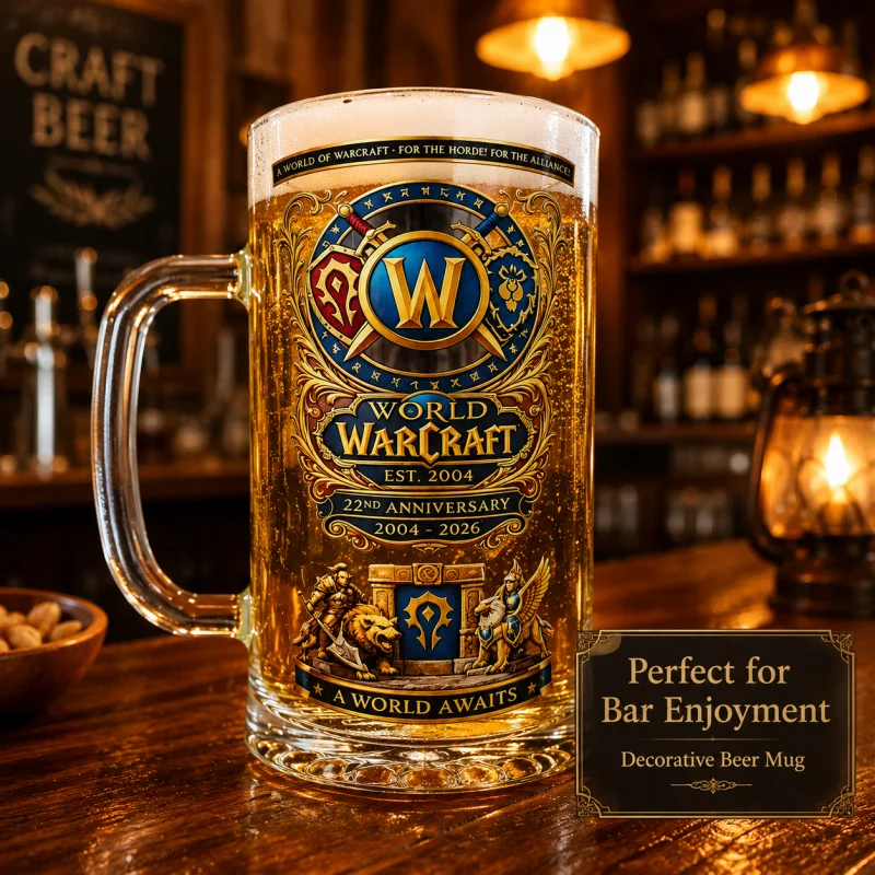 Фото Пивная кружка к 22-летию World of Warcraft, тематическая стеклянная кружка с символикой Альянса и Орды, коллекционная посуда для бара для геймеров и фанатов. №3