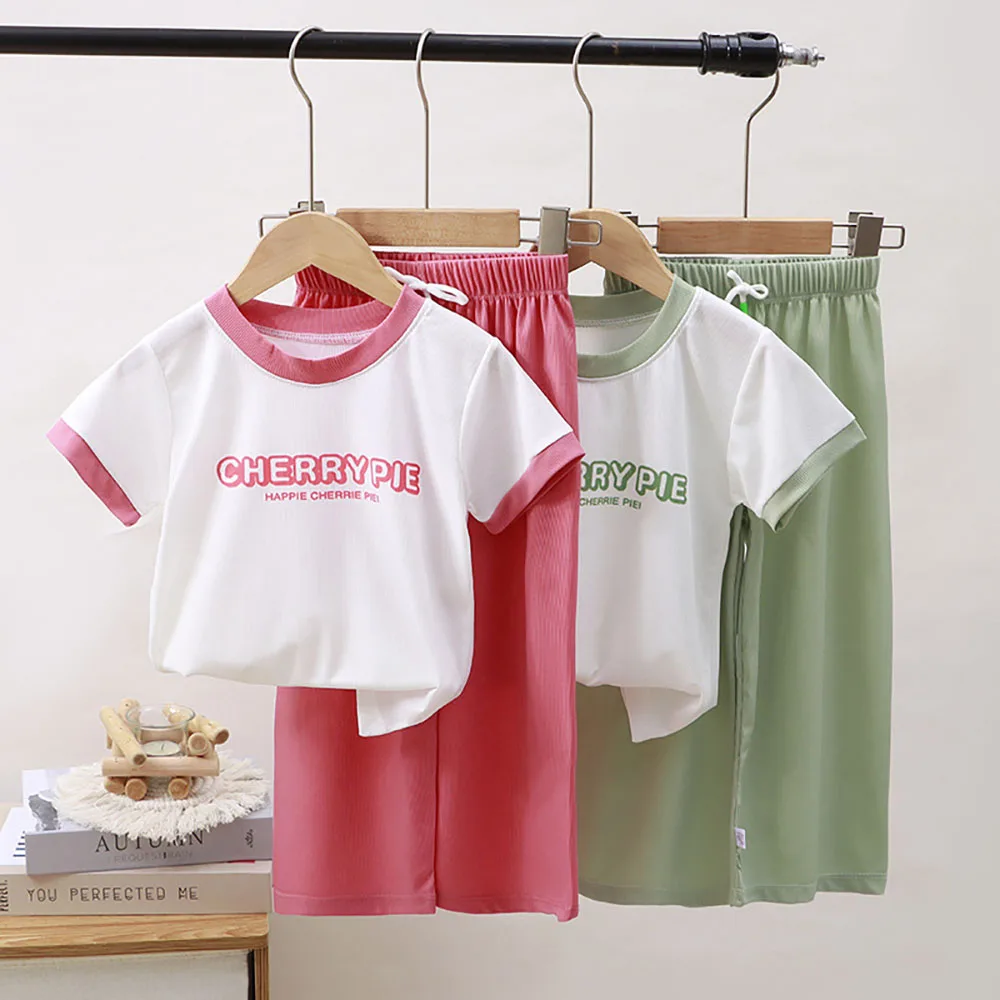 

Casual Kids T-shirts Clothes Sets Summer Thin Letter Print Contrast Color Girls Short Sleeve Shirt+Loose Pants 2Pcs Child Suit