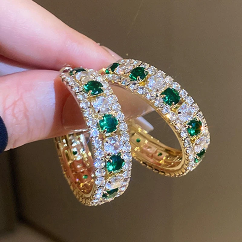 

Vintage Green Cubic Zirconia Hoop Earrings Shiny Gold Color Earring For Women Geometric Party Birthday High Quality Jewelry