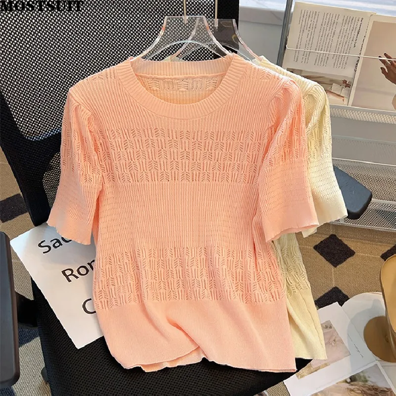 

Summer Ice Silk Thin Knitted Tshirt Sweater Women Short Sleeve O-neck Elegant Fashion Sweet Solid Ladies Knitwear Tops Jumpers
