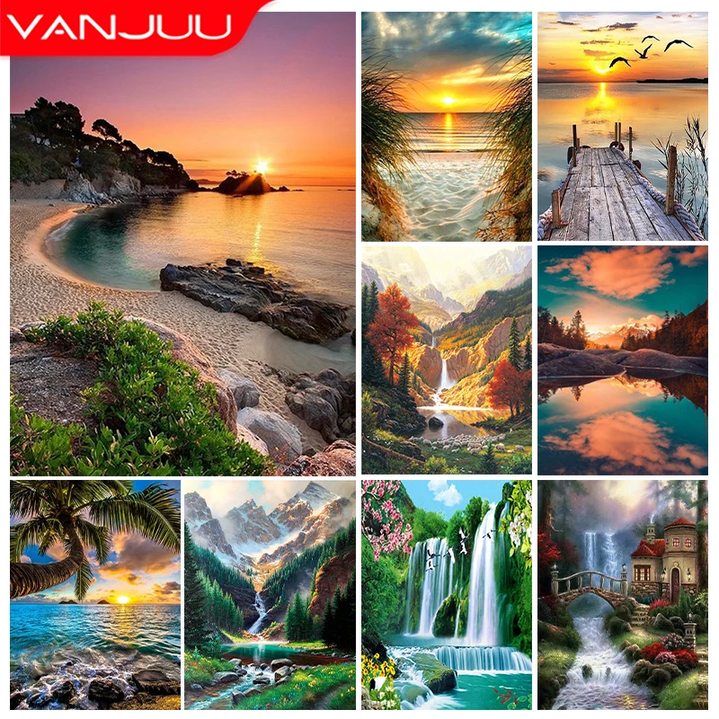 

Landscape 5D Diamond Painting Kit Seaside Sunset Landscape Diamond Mosaic Beach Rhinestone Embroidery DIY Home Decor Mosaic Gift