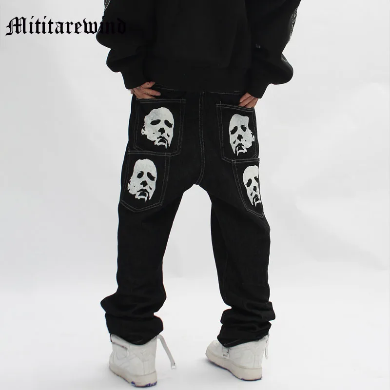 

Брюки мужские прямые в стиле хип-хоп с принтом лица, Свободные мешковатые джинсы в стиле Хай-стрит, повседневные Всесезонные брюки