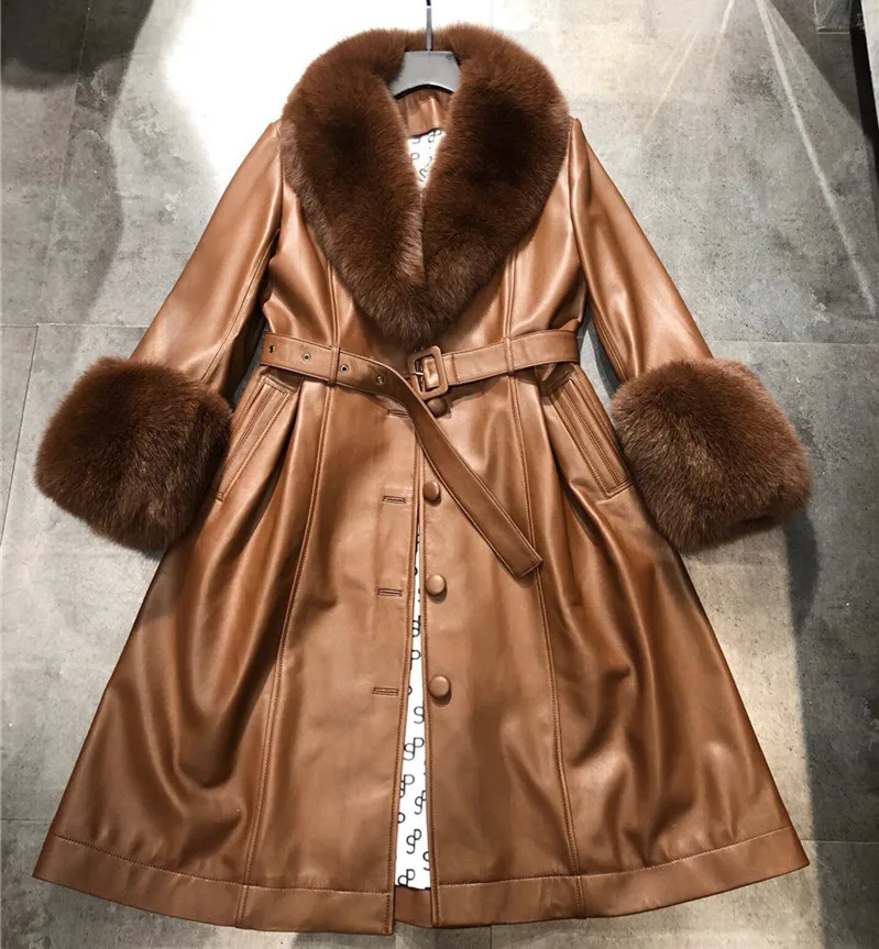 Winter New Women Real Fox Fur Collar and Cuffs Long Sheepskin Jacket Warm Slim Fit Genuine Leather Trench Coat Ladies Overcoat