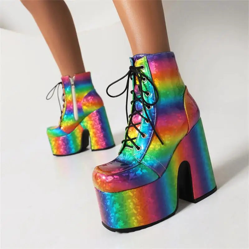 

Women European and American Ankle Boots Retro Color PU Thick Bottom Square Toe Lace Side Zipper Fashion Nightclub Women Shoes