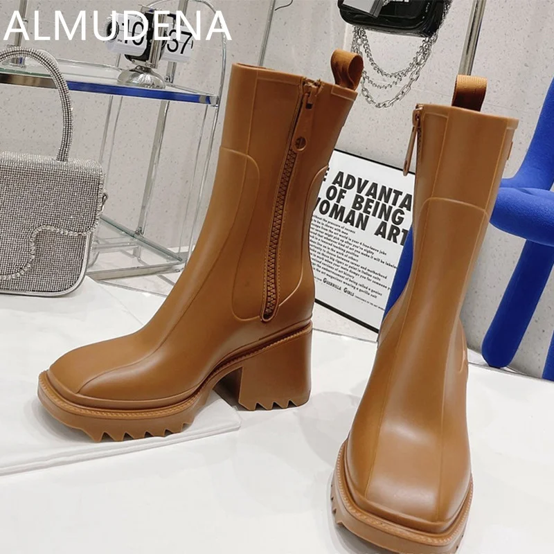 

Autumn Winter Women Shoes Rainboots Thick Square Med Heel PVC Solid Boots Mid-Claf Platform Fashion Leisure Side Zipper Shoes