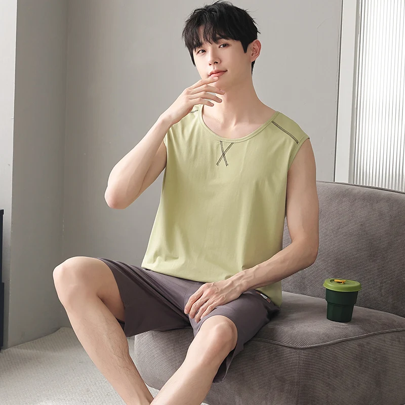 CAIYIER New 2023 Summer Men Pajamas Set Vest Top Shorts Sleepwear For Male Soft Cool Nightwear Cotton Casual Home Clothes L-4XL