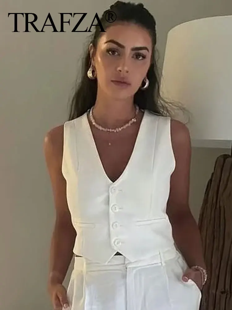 

TRAFZA 2023 Women Fashion Cropped Top Waistcoat Elegant Solid Single Breasted V Neck Vest Casual Woman Chic Outerwear Vests