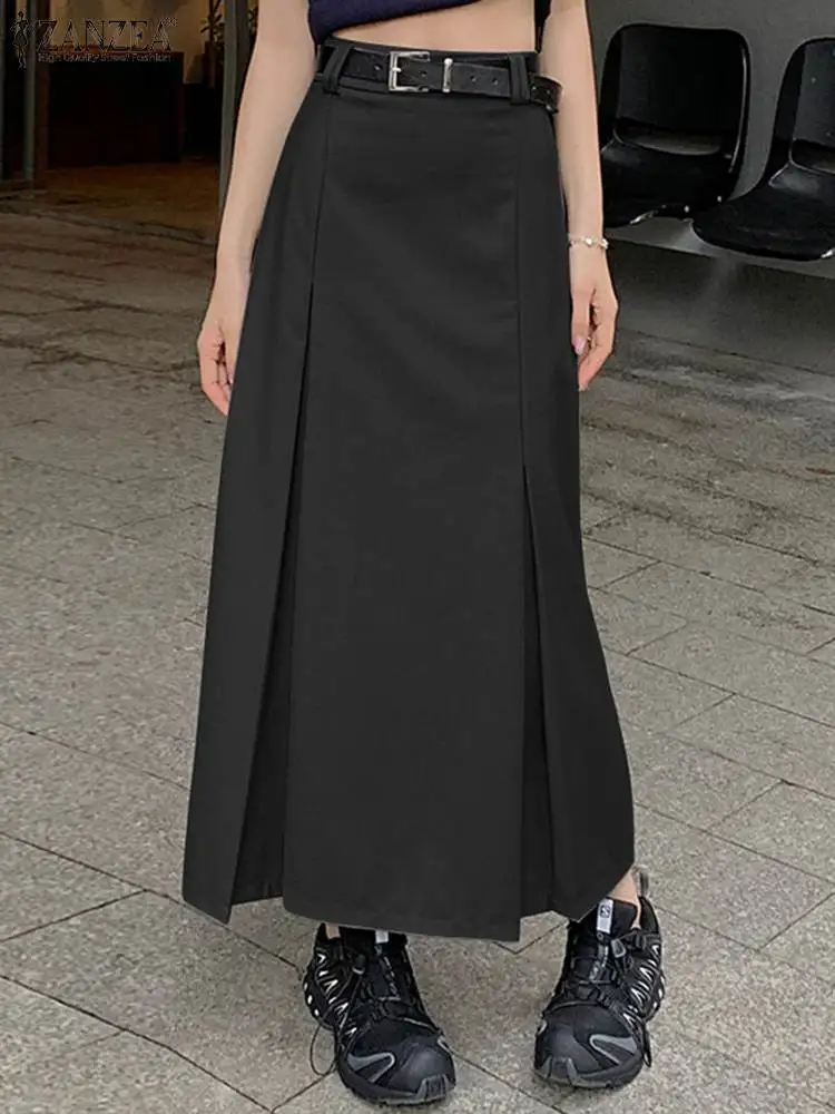 

Осенняя Однотонная юбка ZANZEA 2023 с запахом на бедрах, элегантная длинная юбка, корейская мода, повседневные плиссированные юбки макси с высокой талией