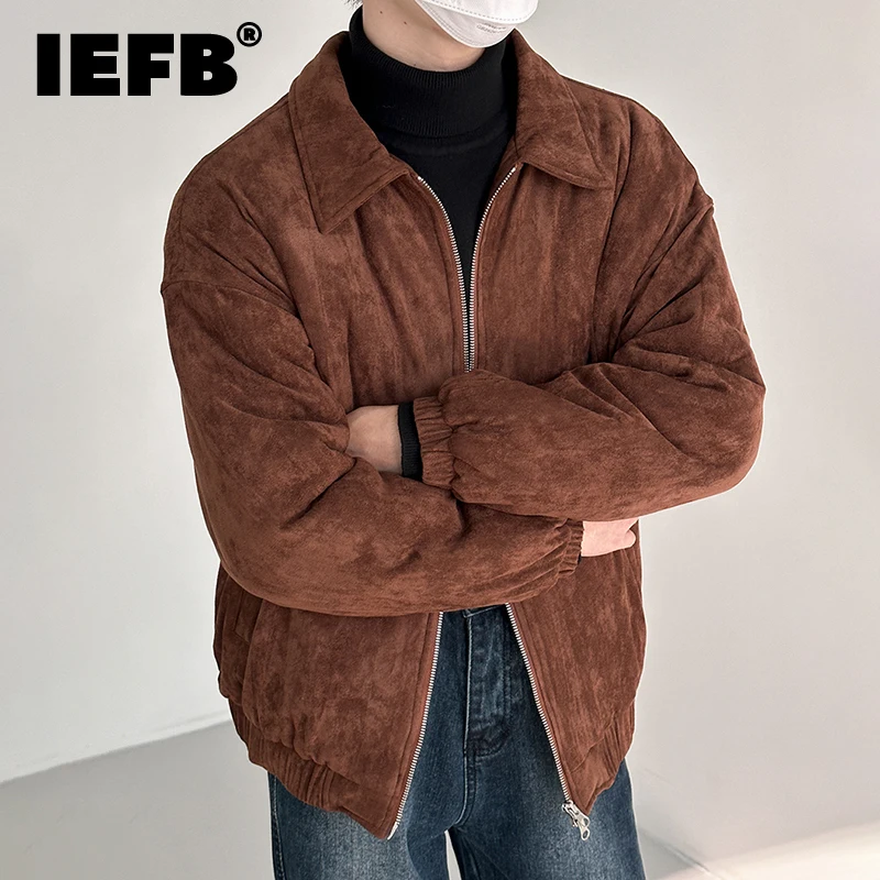 IEFB Suede Jacket Male Solid Color Zipper Short Cotton Coat 2022 Winter Thickened Lapel New Fashion Men's Clothing 9A6590