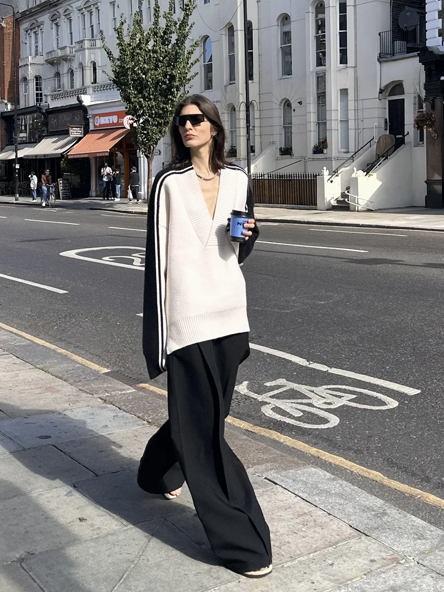 Черно-белый тяжелый вязаный лоскутный свитер Sourplum с v-образным вырезом мужской и