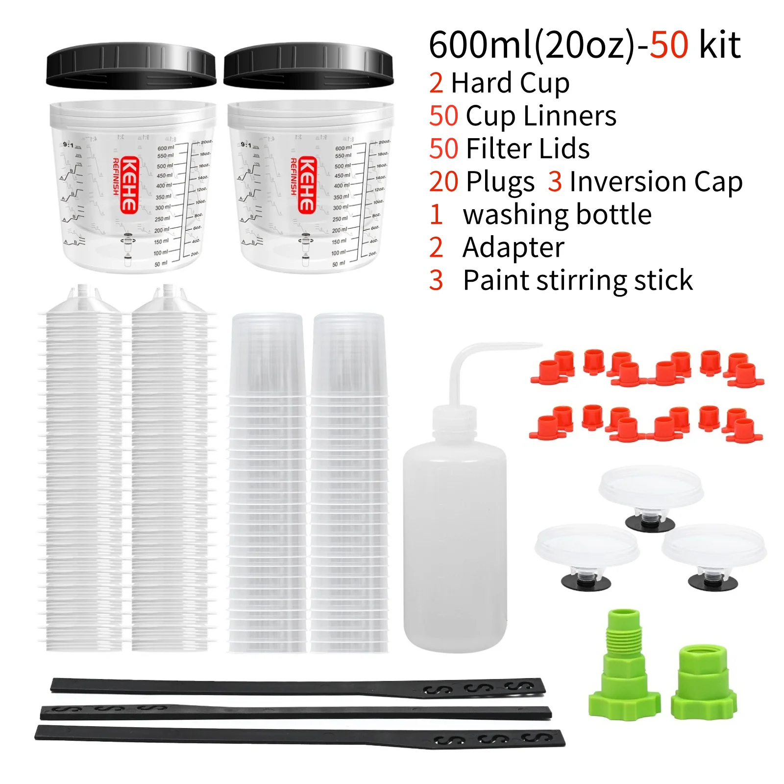 

KEHE Одноразовый пистолет-распылитель, система чашек для краски, комплект чашек с вкладышем EPS, комплект 20 унций (600 мл), 50 вкладышей для чашек, 50 крышек, 2 жестких чашки, 2 воротника