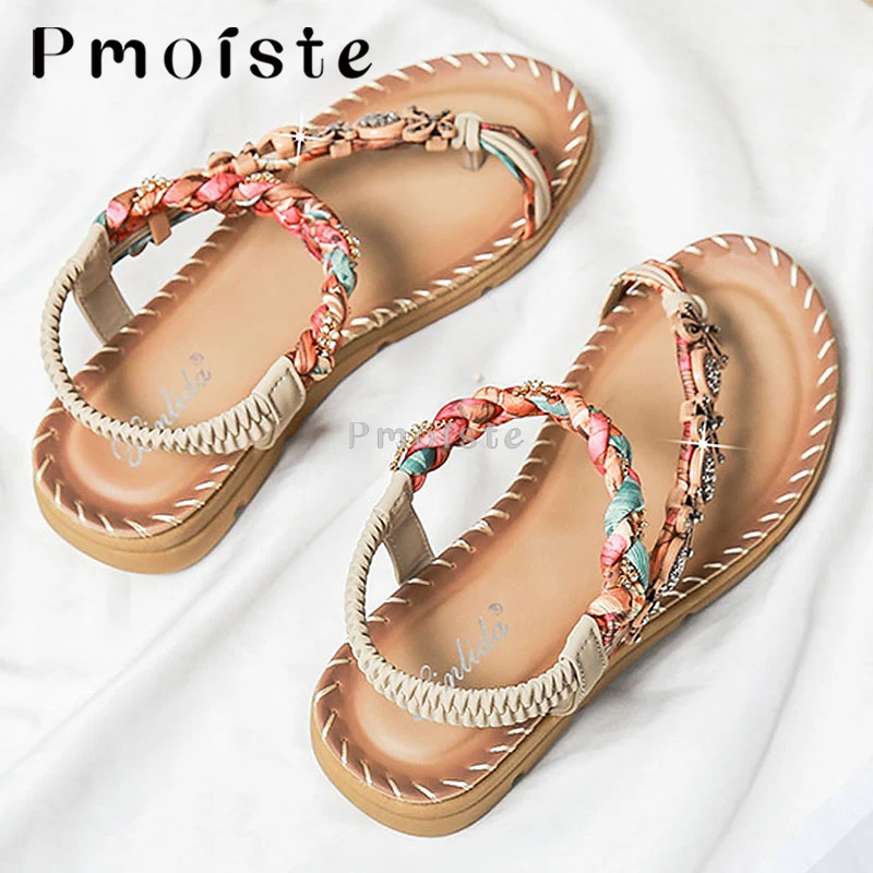 Women Sandals Summer Bohemia Rhinestones Holiday Beach Sandals Twist Ankle Strap Thick Sole Shoes for Women Soft Flip Flops 2023
