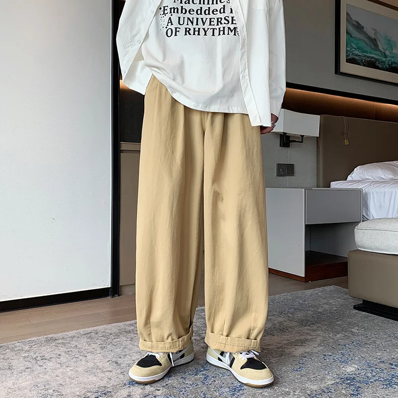 

Cotton Khaki White Casual Pants Men Fashion Oversized Wide Leg Pants Men Streetwear Loose Hip Hop Straight Pants Mens Trousers