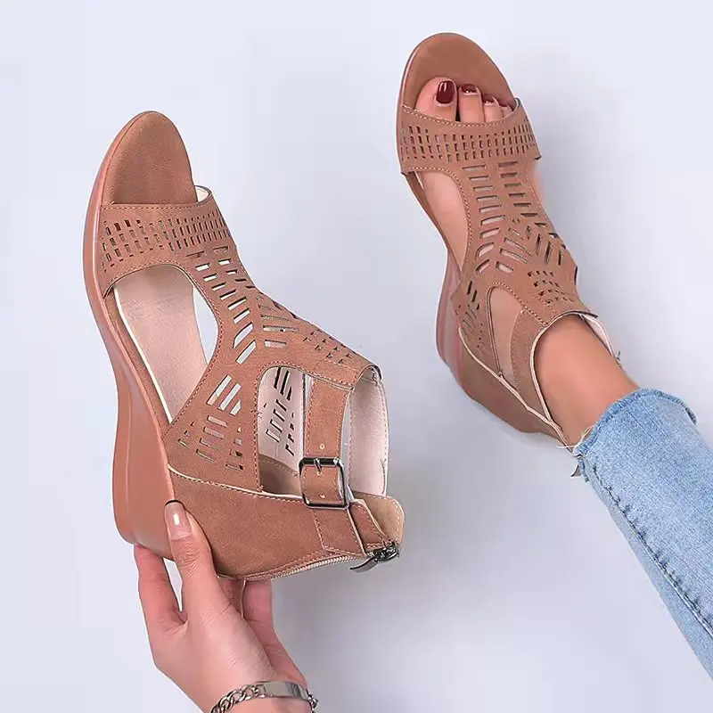

2022 New Summer Sandals Woman Wedge Sandals Women Casual Round Toe Retro Soft Breathable Openwork Women Sandals Large Size 35~43
