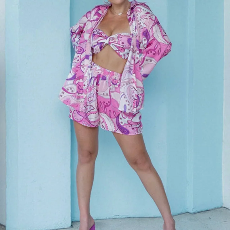 

Wepbel Long Sleeve Top Shirts Women 3pcs Outfits Beach Clothing Tube Top Short Vest Shorts Casual Printed Short Pants Strapless