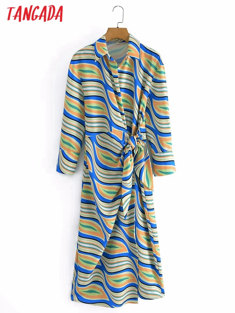 

Tangada 2022 fashion women Geometry print wrap dress with bow vintage long sleeve office ladies midi dress 3A05