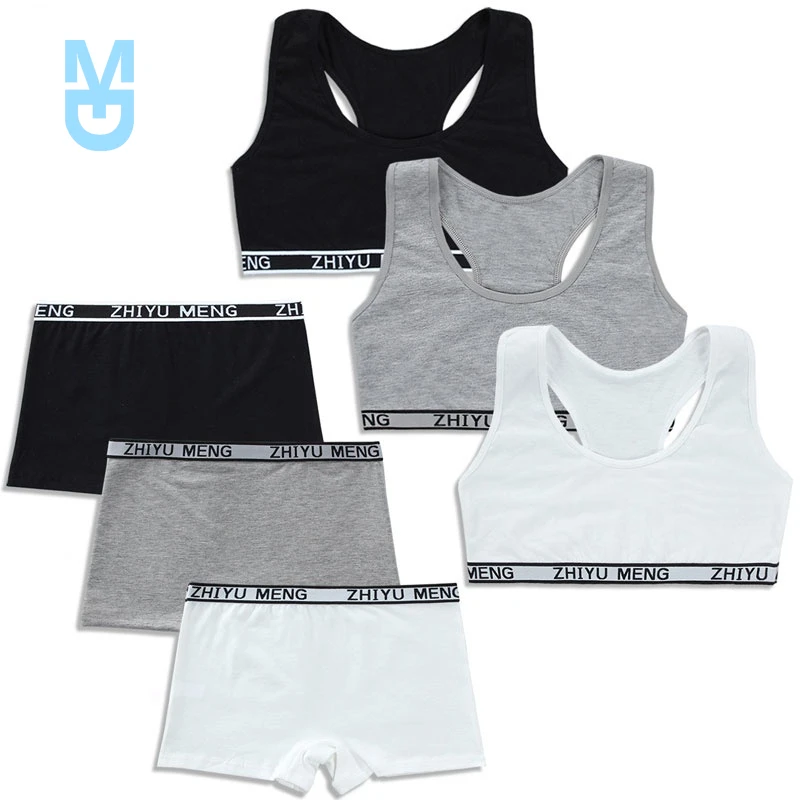 

New Young Girls Bars And Boxer Shorts Sets Children Sport Underwear Teenager Training Bra Briefs Set Baby Underwear Set