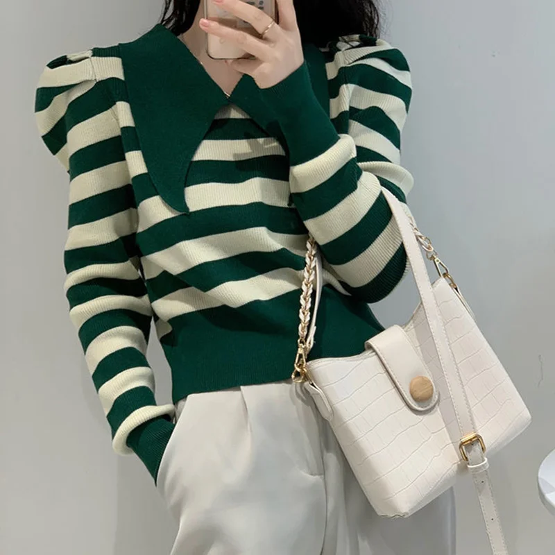 

Зелёный полосатый свитер Rimocy с пышными рукавами, женский укороченный свитер с лацканами в Корейском стиле, Женский вязаный пуловер с длинными рукавами на весну и осень, 2023