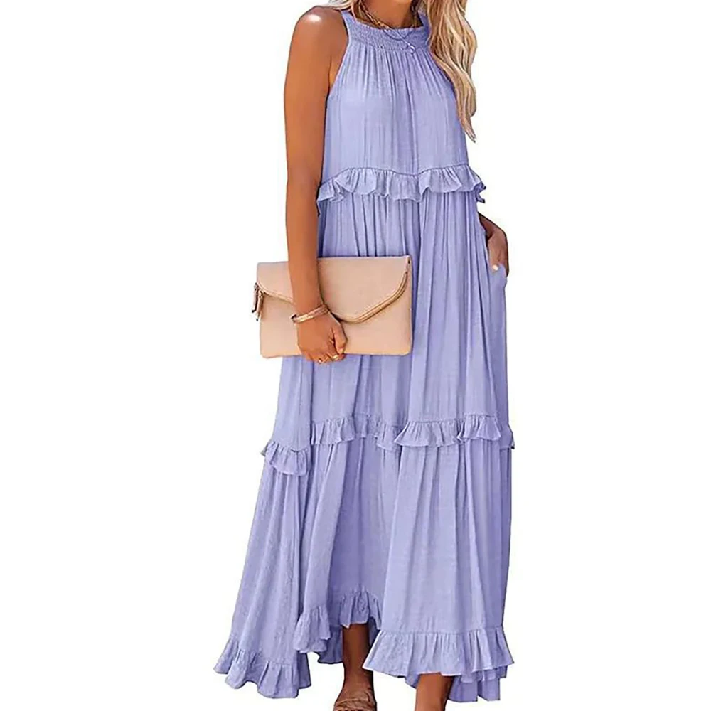 

Женское однотонное длинное платье, летнее повседневное свободное платье без рукавов, женское пляжное платье-макси с оборками, элегантное платье