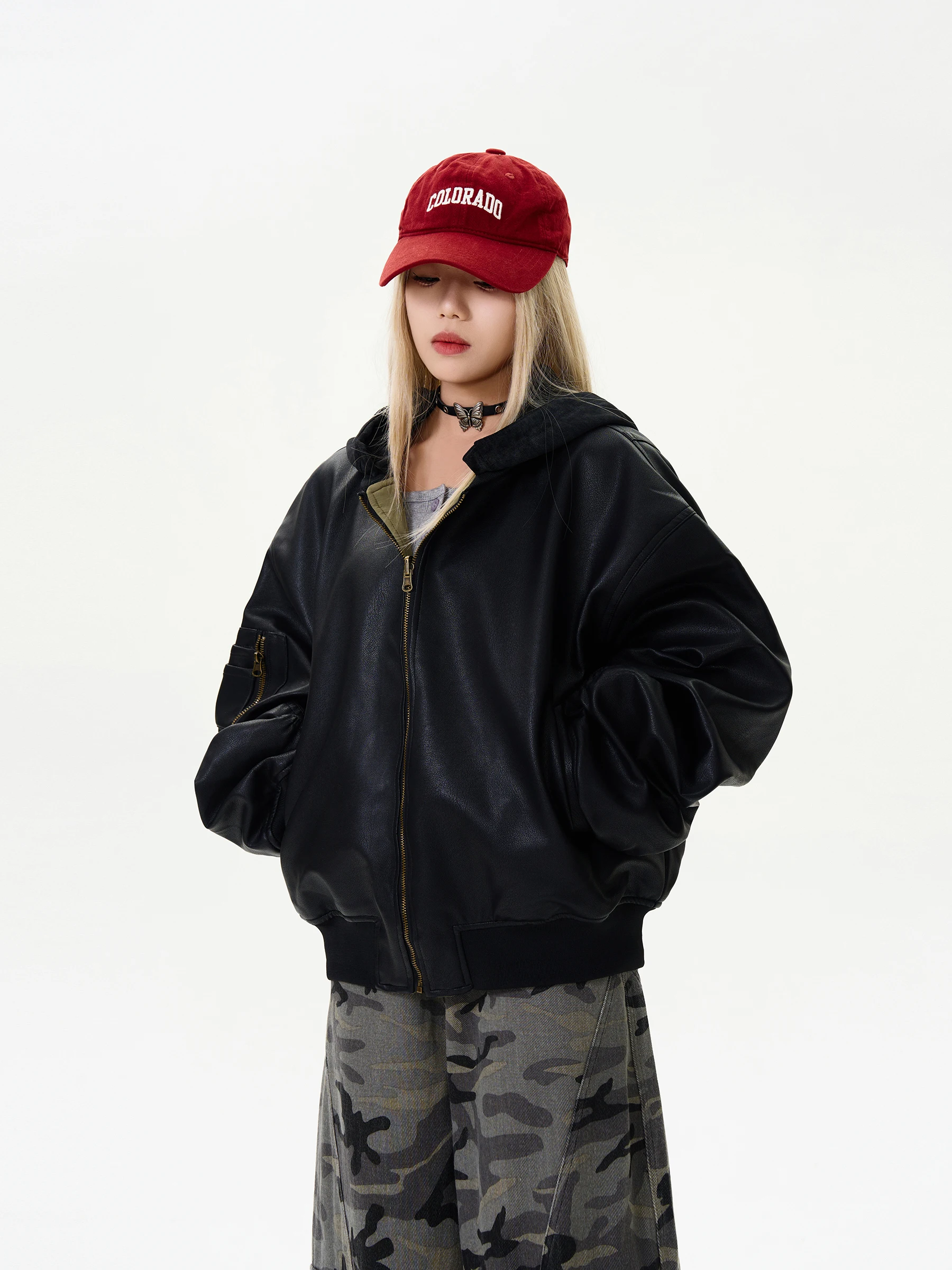 Koiisle двустороннее пальто из искусственной кожи съемная толстовка с капюшоном