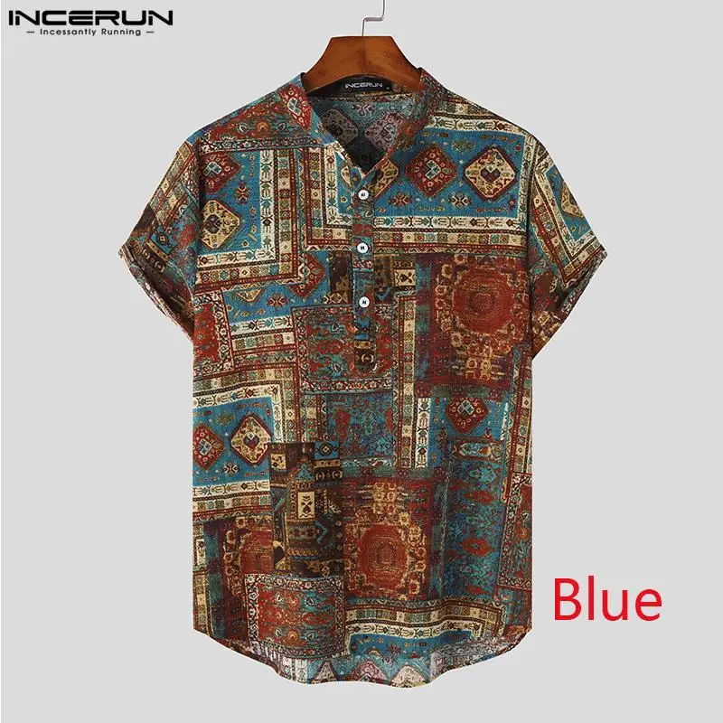 

Fashion Well Fitting Tops INCERUN New Men's Half-open Short-sleeved Shirts Casual Vacation Hot Sale Male All-match Blouse S-5XL