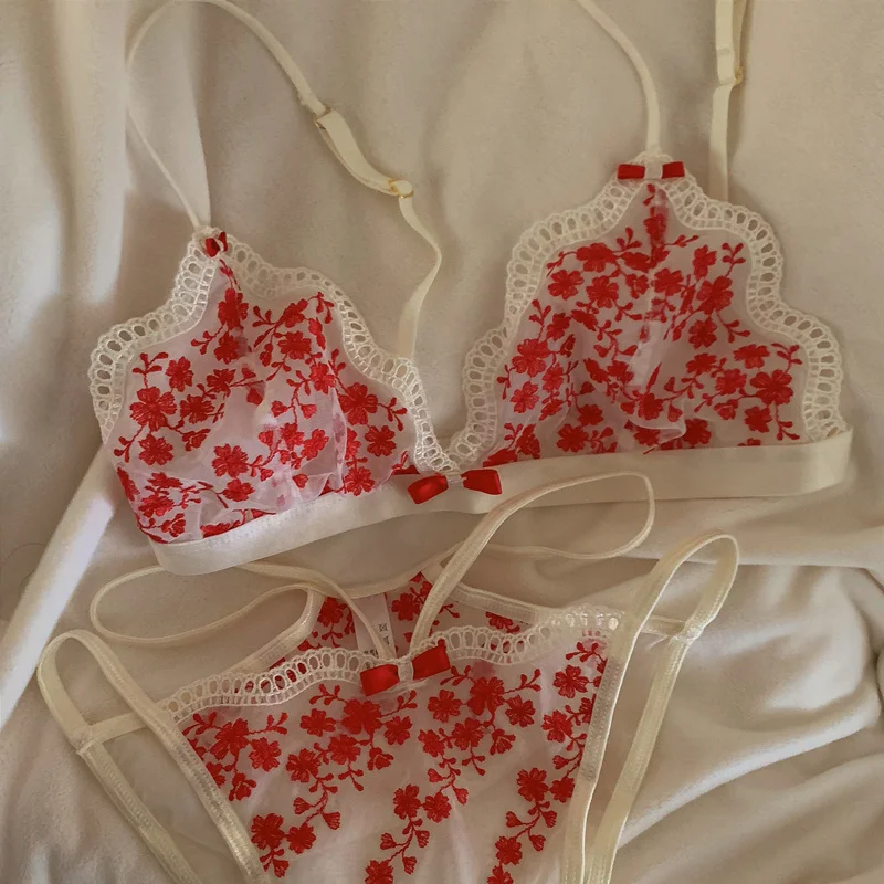 

SP&CITY Red Flower Embroidery Summer Transparent Women's Bra Set French Retro Lace Sexy Bralette Hollow Out Mesh Thin Underwear