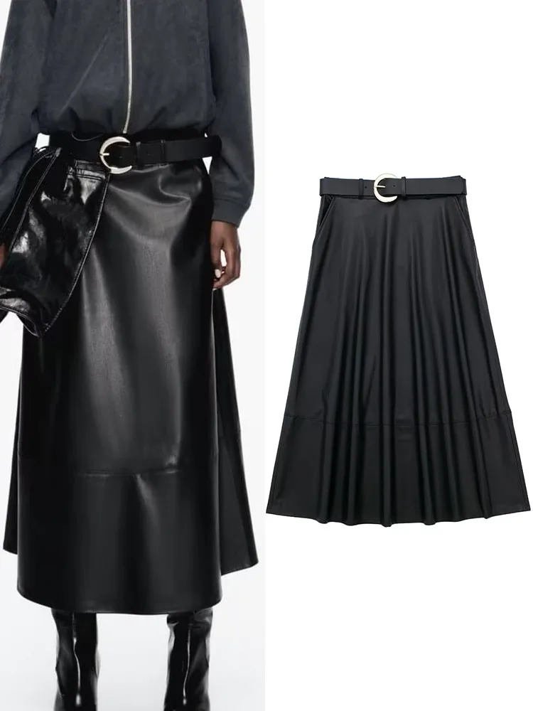 

TRAF Solid Women PU Cape Skirts 2023 Fashion Belt Decoration Office Lady Midi Mid-Calf Skirts Elegant High Street Skirt
