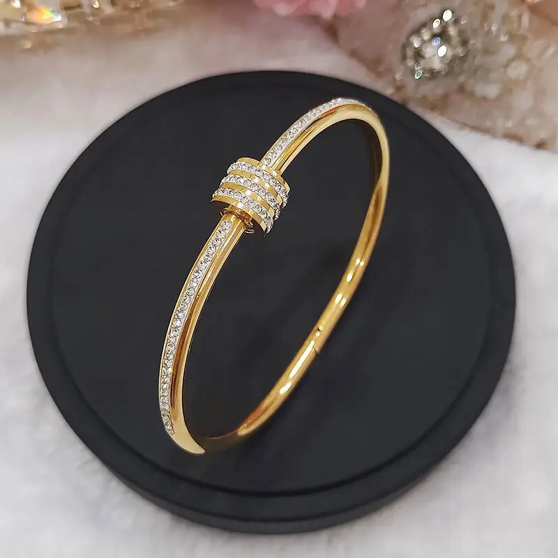 

French Fashion Luxury Micro Set Three Row Cubic Zirconia Electroplated Stainless Steel Women's Bracelet