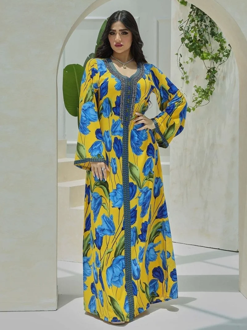 Floral Print Morocco Muslim Dress Women Abaya Kaftan Eid Party Evening Dresses Turkey Dubai Autumn Islam Long Robe Femme Vestido