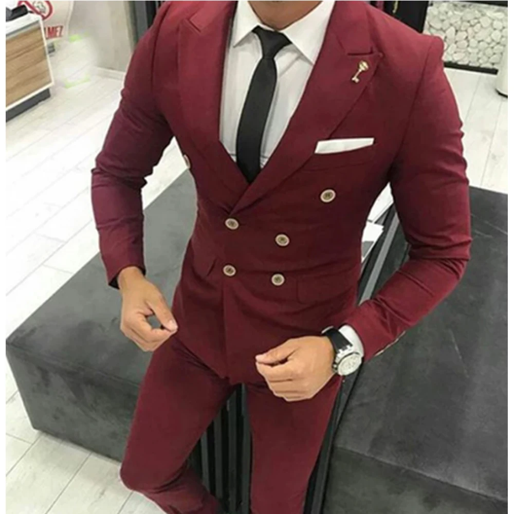 Slim Fit Double Breasted Wedding Suits for Men Peaked Lapel Burgundy Male Business Formal 2 Pieces Prom Groom Tuxedo Fashion