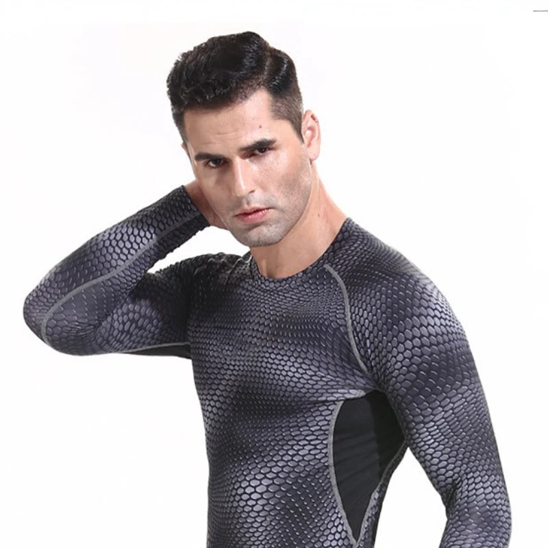 LU Snake Print Gym T-shirt Long Sleeve Crew Neck Quick Drying Shirt Fitness Men Breathable Sports Compression Shirt Training