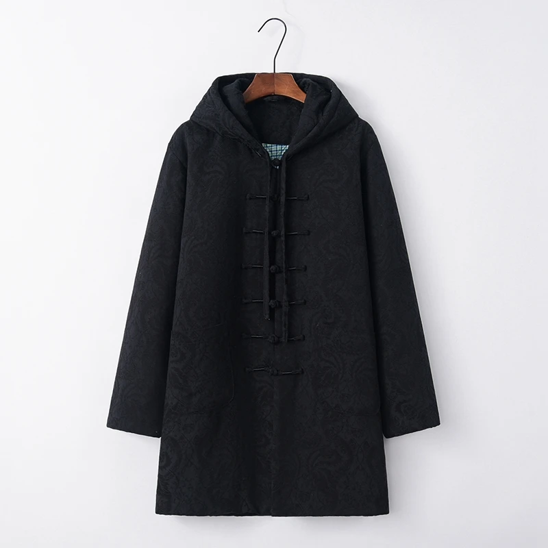 Winter Tang Suit Tops Hooded Jacket Long Jacquard Warm Cotton Coat Chinese Vintage Clothing Hanfu Men