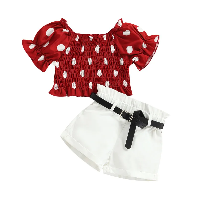 

Toddler Baby's Clothes Girls Summer 2Pcs Outfit Sets Short Sleeve Dot Print T-shirt Solid Color Shorts Belt Children's Clothing