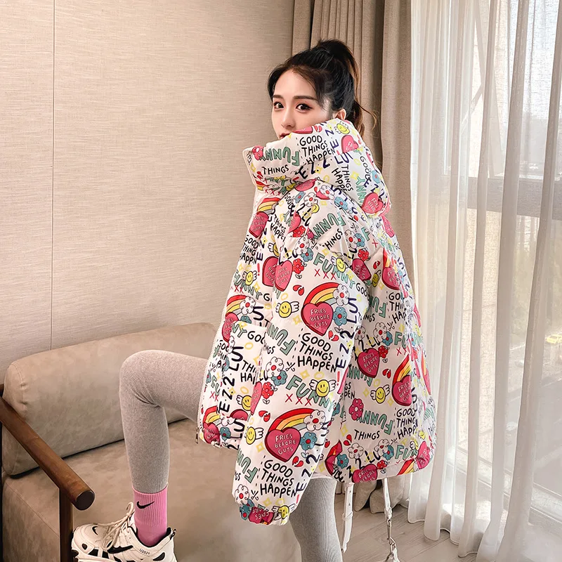 Parkas Women down Cotton-Padded Coat for Women Floral Short Bread Coat Loose Hooded Coat Winter Coat Women