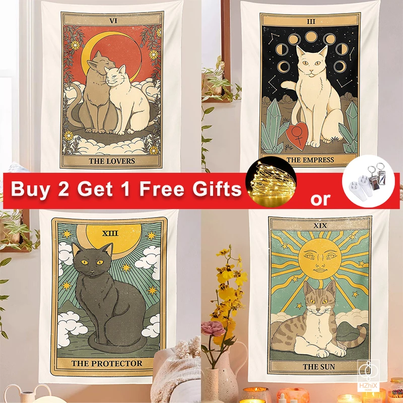

Trendy Tarot Card Cat Tapestry Boho Style Tapestries Suitable for Bedroom Children Room Wall Decoration Home Decor Aesthetics