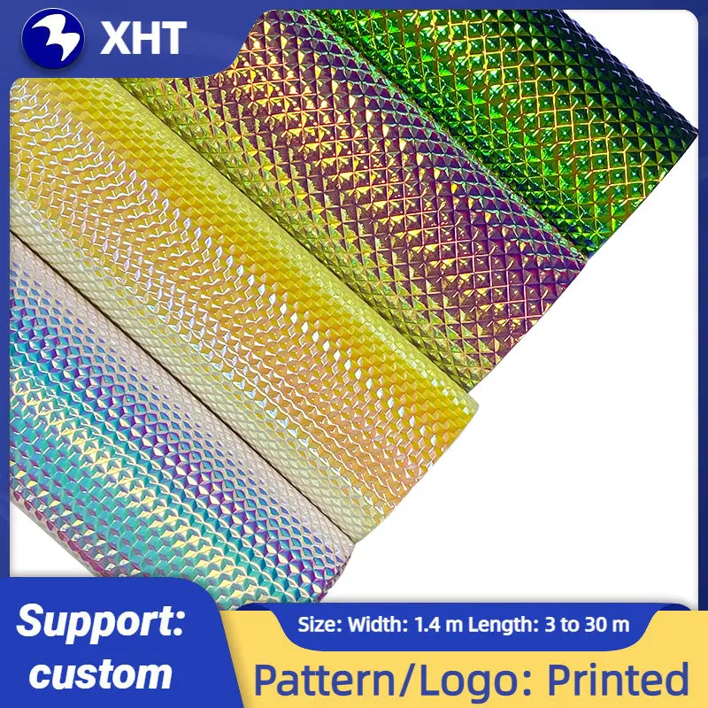 

30x135cm 3D Square Pattern Embossed Holographic Dichroic Metallic PU Synthetic Leather Fabric Sheet for Bag/Decoration/Craft
